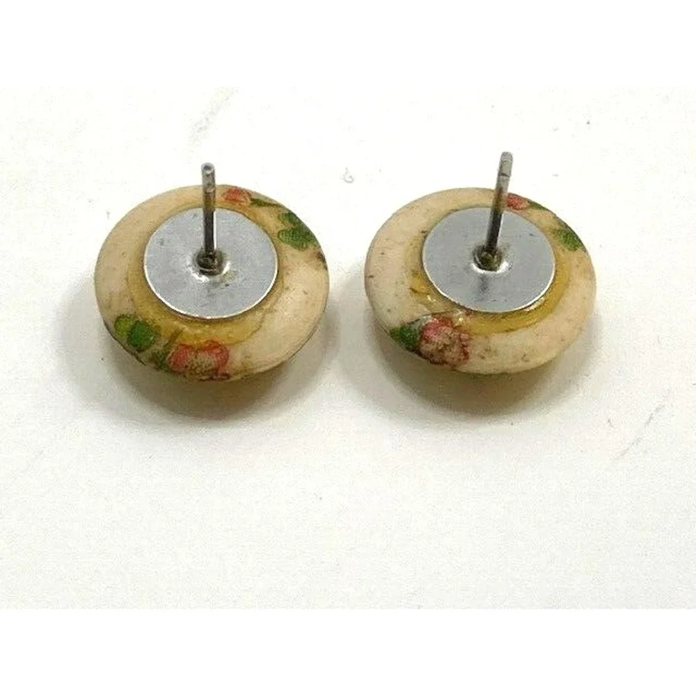 Vintage Round Earring Hand painted‎ Wood Glazed Clover Flower .5 inch